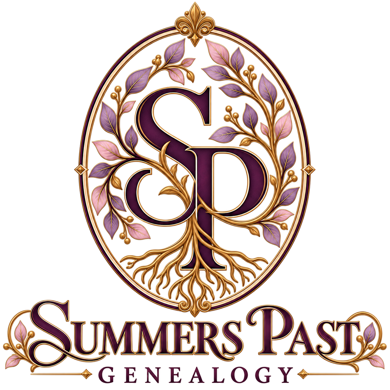 Summers Past Genealogy — ornate botanical plum-and-gold SP emblem and wordmark